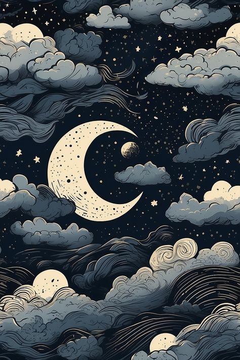 Leonardo Diffusion XL Linocut friendly minimalistic night sky 6 Night Clouds Illustration, Moon Aesthetic Illustration, Lunar Wallpaper, Night Sky Illustration, Ipad Aesthetics, Cloud Illustration, Pixel Art Background, Lovely Pictures, Book Binder