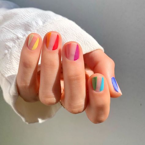 Celebrate pride with these bold and bright manicure styles. Photo credit: @betina_goldstein  #nails #pride #pridemonth #lgbtq #beauty #nailart #summer #beauty #style #manicure Pastel Pride Nails, Subtle Pride Nails Short, Cool Nail Designs For Short Nails, Pride Nails Short, Bi Nails, Lgbtq Nails, Subtle Pride Nails, Pride Month Nails, Pastel Rainbow Nails