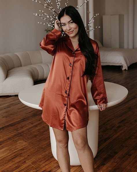 Our Satin Sleep shirts are available in a variety of colors and make for the most perfect oversize cozy shirts to get ready in! 🧡 🧡 link in bio to shop! Wedding Socks, Pyjama Satin, Bridal Party Robes, Orange Satin, Wedding Robe, Bachelorette Weekend, Bridesmaid Robes, Satin Pajamas, Sleep Shirt