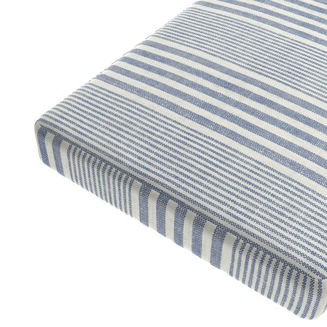 Custom Bench Cushion | All Lined Up - Lake Blue Stripe Custom Bench Cushion Custom Bench cushions, tailored to fit your space perfectly down to the inch! Featuring box corners and the option to add micro-cording, these custom cushions can be made out of any Loom fabric to suit your style. Crafted for benches, seats, nooks, and more, you also have the option to choose your preferred thickness from 2", 3", or 4". Made with a high-quality firm foam insert (when selected) for durability that is made Beachy Furniture, Indoor Bench Cushions, Custom Bench Cushion, Custom Bench, Beach Kitchens, Backyard Seating, Custom Benches, Banquette Seating, Custom Cushions