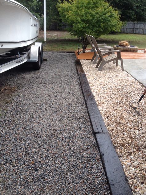 Railroad Ties Border, Gravel Driveway Edging Railroad Ties, Railroad Ties Edging, Edging Between Grass And Gravel, Large River Rock Landscaping Edging, Railroad Ties Landscaping Driveways, Railroad Ties Driveway Edging, Railroad Ties Landscaping Border, Railroad Tie Fence Ideas