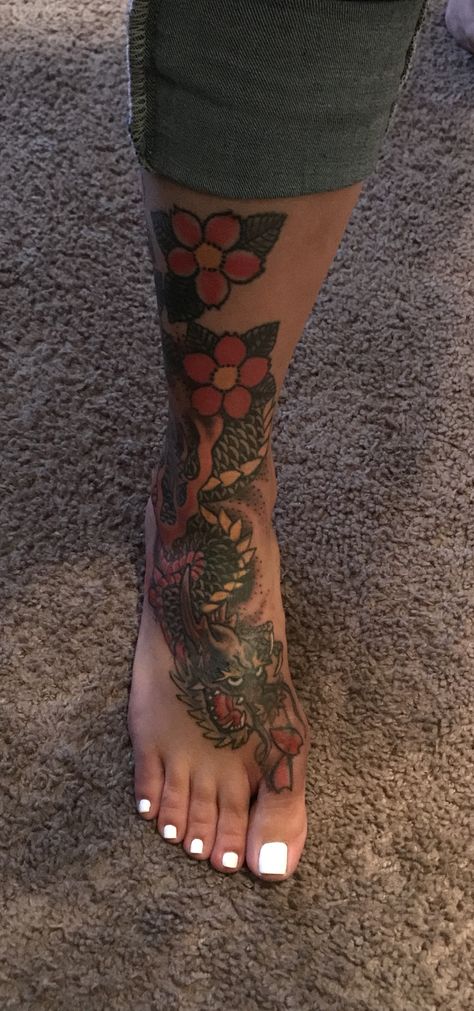 Dragon Tattoo Cover Up Ideas, Inner Ankle Tattoo Coverup, Foot Cover Up Tattoos For Women, Dragon Ankle Tattoo, Ankle Cover Up Tattoos, Tattoo Ideas Dragon, Feet Tattoos For Women Beautiful, Coverup Tattoo Ideas, Feet Tattoos For Women