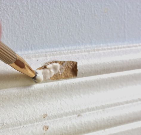 How To Fix Chipped Baseboards, How To Fix Baseboard Chips, Baseboard Repair, Painting Walls Tips, White Baseboards, Wood Baseboard, Molding Ideas, Trim Carpentry, Baseboard Trim