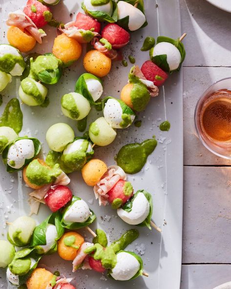 Watermelon Caprese, Prosciutto Appetizer, Summer Entertaining Recipes, Caprese Appetizer, Whats Gaby Cooking, Basil Vinaigrette, Bite Size Snacks, Caprese Skewers, Watermelon Feta Salad