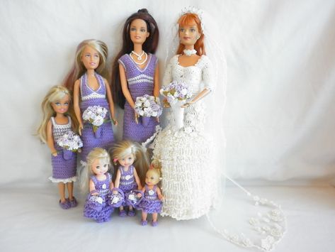 Little Miss' Crochet Barbie Wedding - Bridal Party Crochet Barbie Clothes Patterns Free, Diy Doll Clothes Patterns, Barbie Crochet Patterns, Crochet A Bear, Crochet Barbie Patterns, Wedding Crochet, Crochet Doll Clothes Patterns, Barbie Doll Patterns, Ken Clothes