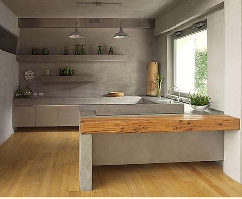 Kitchen Ideas With concrete counter tops | Concrete, steel, and raw wood throughout this italian kitchen in a ... Small Modern Kitchens, Concrete Counter, Interior Vintage, Concrete Home, Modern Kitchen Interiors, Concrete Kitchen, Kitchen Design Trends, Open Concept Kitchen, Counter Tops