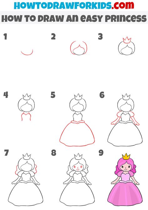 how to draw an easy princess step by step Princess Sketch Easy, Easy Princess Painting, Princess Doodles Easy, How To Draw A Princess For Kids, How To Draw Disney Princess Step By Step, How To Draw A Princess, Princess Step By Step Drawing, Disney Princess Drawings Easy, Easy Step By Step Drawing For Beginners