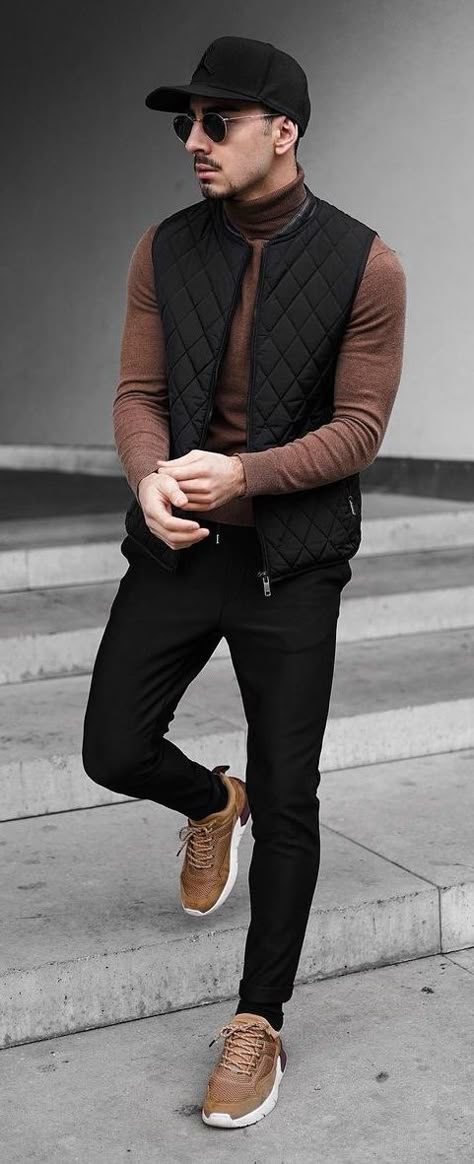 Mens Quilted Jacket Outfit, Styling Turtlenecks Men, Turtle Neck With Flannel Outfit, Winter Vest Outfits Men, Turtleneck Outfit Men Aesthetic, Vest Jacket Outfit Men, Mens Turtleneck Outfits Street Style, Men’s Turtleneck Outfit, Turtle Neck Outfit Men Casual