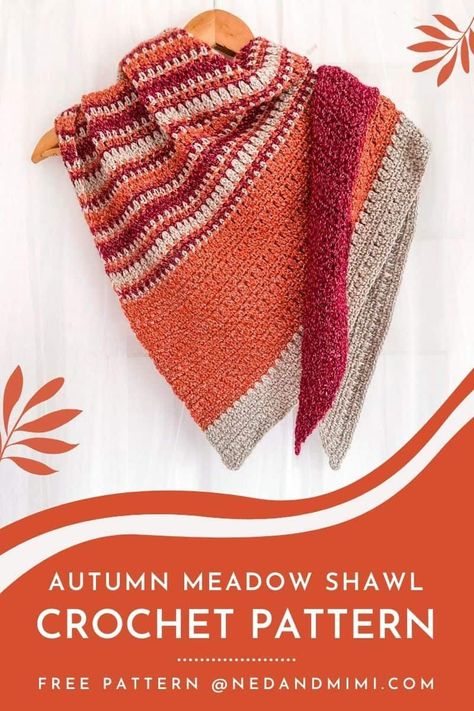 The Autumn Meadow shawl is a simple, yet striking, asymmetrical crochet shawl. This free pattern uses basic crochet stitches - chain, single crochet and double crochet, so it is an absolutely perfect pattern for beginners! The shawl is created using a simple 4 row repeat, so once you have mastered this you will be finished in no time :-) Crochet Shawl Free Pattern, Asymmetrical Crochet, Autumn Meadow, Shawl Free Pattern, Crochet Triangle Shawl Pattern, Crochet Chain Stitch, Crochet Triangle Scarf, Crochet Shawl Free, Fall Crochet Patterns