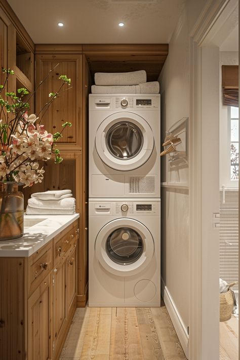 Tiny Laundry Mudroom, Narrow Laundry Rooms Ideas, Laundry Nook In Bathroom, Stacked Laundry Room Closet, Small Laundry Room Ideas Stackable Mudroom, European Laundry In Kitchen, Laundry Room Deep Freezer, Hanging Area In Laundry Room, Stacking Washing Machine And Dryer