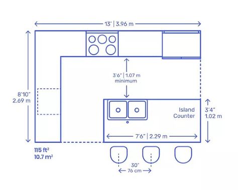 Standard Kitchen Island Dimensions (with Photos) | Upgradedhome.com Island Kitchen Dimensions, Small Island Kitchen, Small Kitchen With Island, Peninsula Island, Island Dimensions, Kitchen Island Height, Kitchen Island Size, Kitchen Island Dimensions, Kitchen With Peninsula