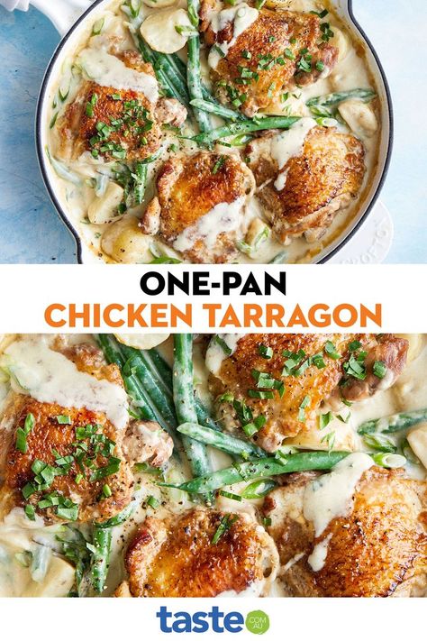 It's a quick one-pan chicken dinner sure to be your next weeknight staple. Creamy with a hint of tarragon, with this French-inspired dish, it'll be easy to impress the whole family. Chicken Tarragon, Tarragon Recipes, Beef Meals, Cold Weather Food, One Pan Dinner, One Pan Chicken, Pan Chicken, Cuisine Recipes, Whole Chicken