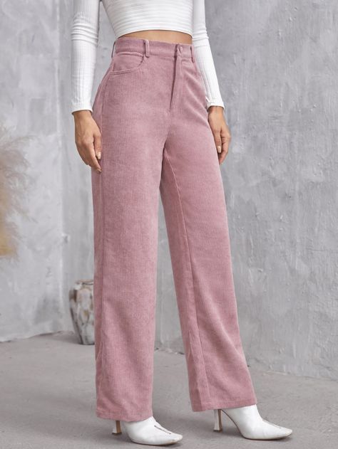 Dusty Pink Casual   Corduroy Plain Wide Leg Embellished Non-Stretch Fall/Winter Women Bottoms Pink Pants Outfit, Corduroy Pants Outfit, Corduroy Pants Women, Jeans Outfit Women, Women Bottoms, Corduroy Trousers, Pink Jeans, Women Pants, Pink Pants