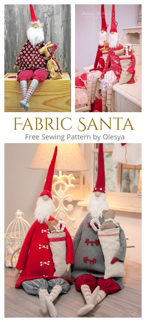 DIY Fabric Santa Free Sewing Patterns | Fabric Art DIY Diy Santa Decorations, Fabric Christmas Decorations, Fabric Santa, Christmas Sewing Patterns, Table Kids, Christmas Fabric Crafts, Easy Christmas Ornaments, Doll Patterns Free, Diy Santa