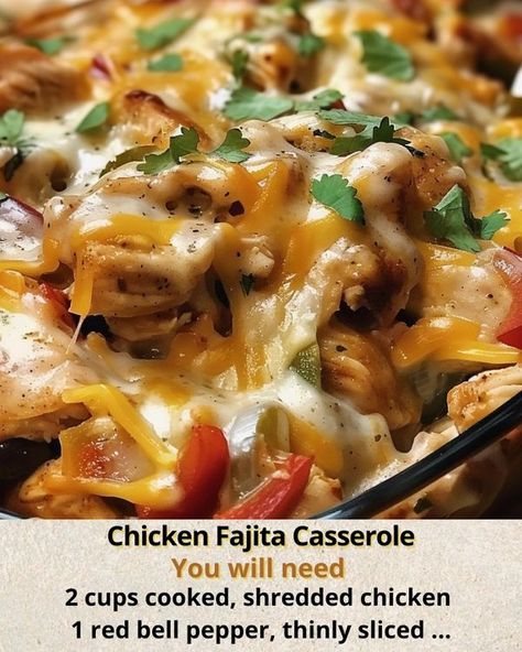 Ashely’s Recipes | Chicken Fajita Casserole | Facebook Fajita Chicken Casserole, Shredded Cooked Chicken, Fajita Casserole, Fajita Chicken, Chicken Fajita Casserole, Baked Chicken Fajitas, Crowd Pleasing Recipes, Chicken Fajita, Cooking Chicken To Shred