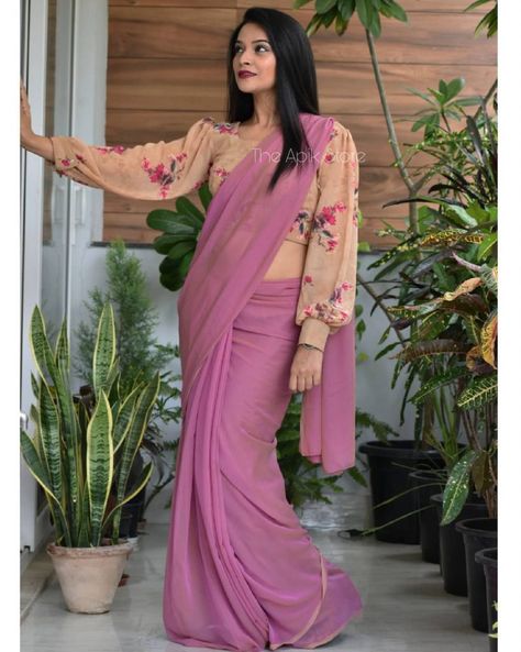 How To Carry Plain Saree With Style!! • Keep Me Stylish Plain Saree With Full Sleeve Blouse, Fullsleeve Blouse Design For Saree, Jorjet Saree Blouse Designs Latest, Different Blouse Designs Long Sleeve, Full Slive Pattern For Blouse, Plain Saree With Designer Blouse Simple, Plain Sarees With Designer Blouse, New Trend Sarees, Plain Sarees With Contrast Blouse