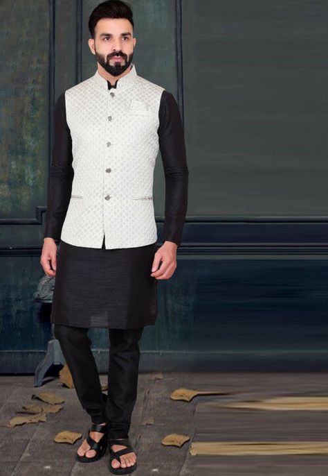 Black Kurta With Nehru Jacket For Men, Pant Shirt With Nehru Jacket, Kurta Pajama With Jacket, Indian Wedding Suits Men, Men's Kurta Pajama, Indian Wedding Clothes For Men, Nehru Jacket For Men, Silk Churidar, Wedding Kurta For Men