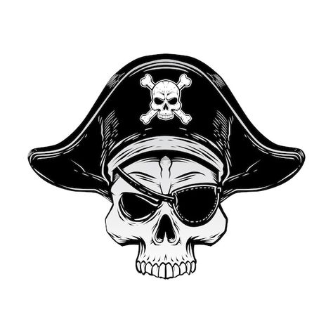 Head skull pirate captain illustration | Premium Vector #Freepik #vector #pirate-logo #pirate-skull #pirate-hat #skull-illustration Skull With Pirate Hat, Pirate Svg, Kraken Art, Skull Silhouette, Pirate Coloring Pages, Tricorn Hat, Skull Pirate, Pirate Eye Patches, Skeleton Svg