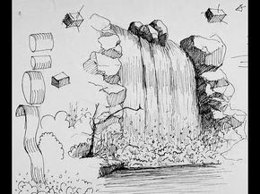 Draw A Waterfall, Waterfall Sketch, Waterfall Drawing, Landscape Drawing Tutorial, Drawings With Meaning, Fall Drawings, Crown Tattoo Design, Mountain Drawing, Water Drawing