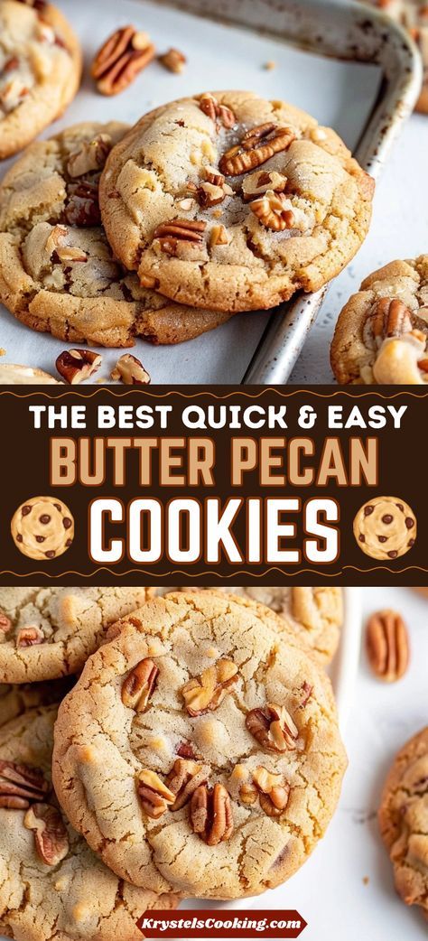 Easy Southern Butter Pecan Cookies: Indulge in the chewy goodness of these easy butter pecan cookies. Perfect for fall, these cookies combine the rich flavors of brown sugar and pecans in every bite. Try this southern classic today! Quick And Easy Fall Cookies, Nutty Pecan Delight Cookies, Christmas Cookie Butter Cookies, Cookie Jar Cookies Recipes, Best Pecan Cookie Recipes, Pecan Pralines Cookies, Cookie Recipes Pecan, Easy Pecan Dessert Recipes, Buttered Pecan Cookies