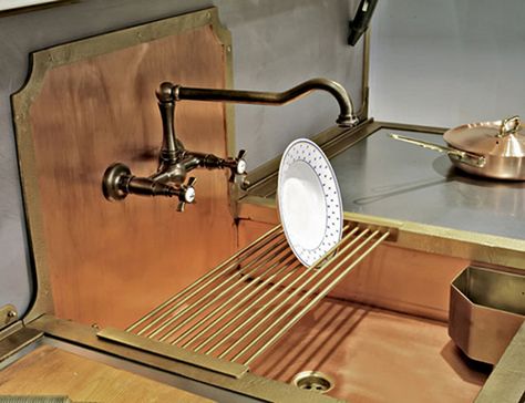 copper and brass shallow sink, wall mounted bridge faucet and sliding drain slats Antique Kitchen Island, Antique Kitchen Cabinets, Copper Kitchen Sink, Semi Recessed Sink, Kitchen Sink Design, Diy Kitchen Remodel, Brass Sink, Antique Kitchen, Sink Design