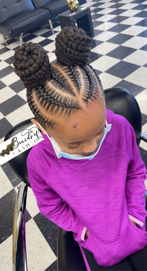 Cornrows Into Two Buns, Kids Braided Bun Hairstyles Black, Braided Buns For Black Hair Kids, Braided Hairstyles For Toddlers, Kids Stitch Braids, Cornrow Buns, Kids Braided Hairstyles Black Children, Toddler Cornrow Styles, Purple Red Hair