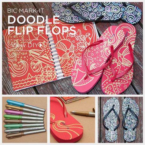 Doodle Flip Flops using Bic Mark-it Metallic Markers by Trinkets in Bloom Painting Flip Flops Diy, Beach Sleepover, Flip Flops Diy, Upcycle Shoes, Metallic Markers, Decorating Flip Flops, Diy Fashion Projects, Diy Projects Gifts, Fun Clothing