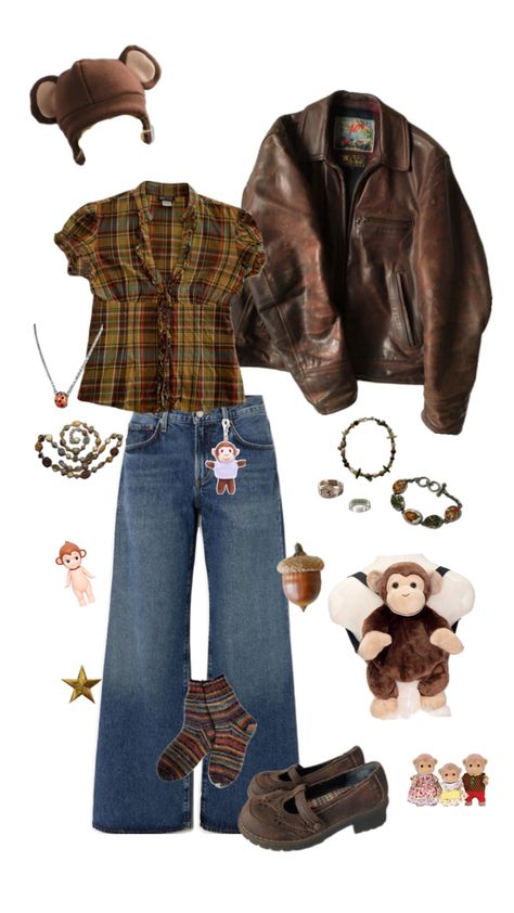 monkey inspired outfit! Game Day Overalls Outfit, Teddy Bear Inspired Outfit, 90s Fall Outfits Aesthetic, Cold Fall Outfits School, Comfycore Outfits, Artsy Fall Outfits, Texas Fall Outfits, Grandpa Aesthetic Outfit, California Adventure Outfit