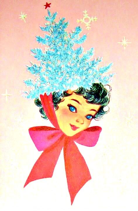 vintage Christmas woman in tree hat, pink and teal Tree Hat, Christmas Tree Hat, Vintage Holiday Cards, Christmas Girls, Vintage Christmas Greeting Cards, Vintage Christmas Card, Vintage Xmas, Vintage Christmas Images, Christmas Retro