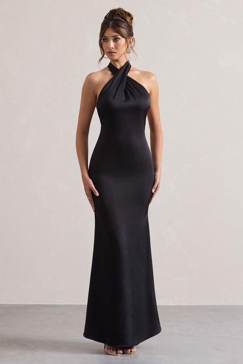 Exude confidence at your next event in this show-stopping maxi, Unbeatable. Arriving in a staple black shade of a premium satin, this backless piece features a cross over halter-neck thats finished with wide self-tie straps for the perfect custom fit. For an elegant bridesmaid attire, try styling yours with our Just A Fling court shoes. Features - Premium satin- Cross over halter neckline- Open back- Invisible zip closure - Fishtail skirt- Maxi length Sizing & Fit Model is 5'7 and wears UK size 8 / US size 4Product Information Designed exclusively by Club L London Partially lined with no stretch Premium satin in Black (100% Polyester) 155cm total length SKU: CL129991002 Black Floor Length Gown, Elegant Bridesmaid Dresses Black, Mother Of The Bride Dress Black, Satin Dresses Black, Bridesmaid Black Dresses, Black Formal Attire, Long Black Satin Dress, Bridesmaids Dresses Black, Wedding Guest Dress Black Tie