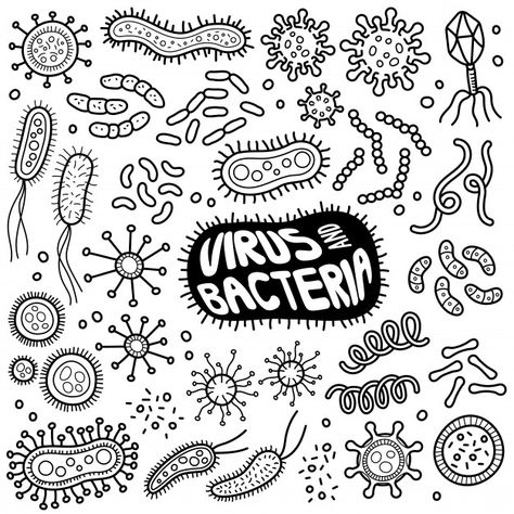 Viruses and bacteria black and white doo... | Premium Vector #Freepik #vector #cartoon #doodle #research #test Microbes Doodle, Microbiology Doodles, Viruses Drawing, Bio Doodles, Virus Drawing, White Doodle, Creative School Project Ideas, Biology Art, Cartoon Doodle