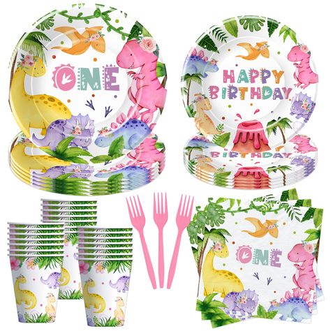 PRICES MAY VARY. 【Girl Dinosaur Party Decorations】Bring the prehistoric fun to your little girl's one-year-old birthday party with our colorful theme one-a-saurus dinosaur birthday party tableware. Each piece features adorable dinosaurs in shades of pink, purple, and yellow, perfect for a lively celebration 【Complete Set】Our dinosaur 1st birthday party supplies sets come complete with all the essentials for a seamless party experience including 24pcs 9'' dinosaur 1st birthday plates, 24pcs 7'' d Birthday Plates, Pink Dinosaur, Dinosaur Birthday Party, Dinosaur Party, Party Tableware, Tableware Set, Dinosaur Birthday, Birthday Party Supplies, Forks