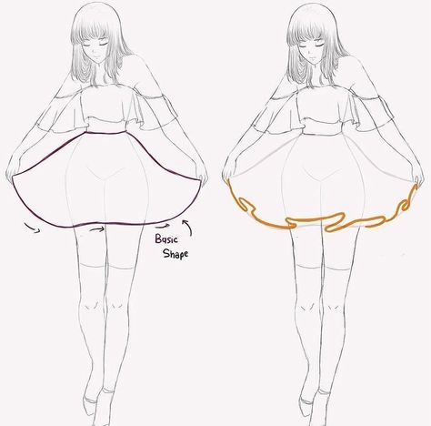 How To Draw Skirts Ruffles, Dress Drawing Sketches Skirt, Frilly Skirt Drawing Reference, How To Draw Puffy Dresses, Skirt Frills Drawing, Puffy Skirt Drawing Reference, How To Draw Ruffles On A Skirt, Ballerina Skirt Drawing, Fluffy Dress Drawing Reference