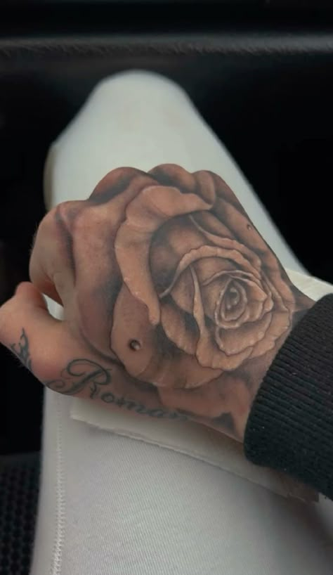 #tattoo #rose Small Rose On Hand Tattoo, Star And Rose Tattoo, Tattoos To Get For Your Girlfriend, Hand Tattoos Thumb, Rose Tattoo On Thumb, Hand Rose Tattoos For Women, Roses Hand Tattoo, Black Rose Hand Tattoo, Rose Hand Tattoo Men