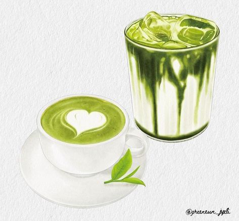 Matcha Drawing Aesthetic, Matcha Watercolor, Matcha Painting, Matcha Drawing, Matcha Illustration, Paintings Illustration, Food Watercolor, Flower Cafe, Matcha Cake