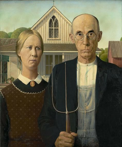 Gelmiş geçmiş en meşhur 20 tablo American Gothic Painting, Grant Wood American Gothic, Famous Art Paintings, Famous Portraits, Grant Wood, Most Famous Paintings, American Gothic, Famous Artwork, Art Parody