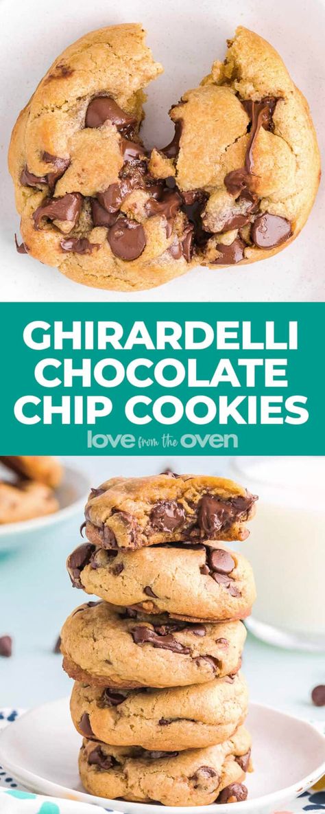 Ghirardelli Chocolate Chip Cookie Recipe • Love From The Oven Ghirardelli Chocolate Chip Cookies, Love From The Oven, Cookie Cake Pie, Cookie Making, Ghirardelli Chocolate, Choc Chip Cookies, Chocolate Chip Cookie Recipe, Buttery Cookies, Delicious Cookie Recipes