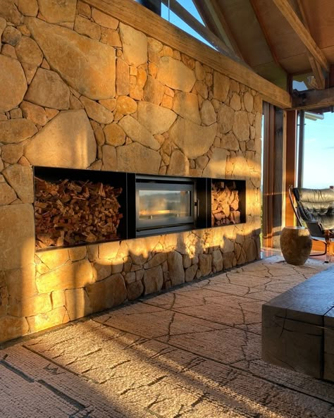 The piece de resistance at our Walker Farm project has got the be this basalt stone wall fireplace! ​ ​Stone-masons worked tirelessly to create this beauty, and it houses a dynamic combustion fireplace that's perfect for keeping it cozy and warm in the Byron Bay hinterland home this Winter. ❄️ ​Design, Details + Interiors: @thedesignory ​Build: @sanctuary28gc ​Architecture: @marc.and.co Image by @catgerkeart Soap Stone Fireplace, Basalt Stone Wall, Combustion Fireplace, Stone Wall Fireplace, Writers Retreat, Rustic Stone Fireplace, Stone Fireplace Wall, New House Landscaping, Standing Fireplace