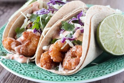 Shrimp Taco Sauce, Corn Tortillas Tacos, Cilantro Slaw, Cilantro Shrimp, Sweet Chili Shrimp, Cilantro Lime Slaw, Chili Shrimp, Mango Avocado Salsa, Popcorn Shrimp