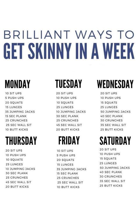 A 7-day workout schedule titled 'Brilliant Ways to Get Skinny in a Week,' with daily routines including sit-ups, lunges, and planks. Organized in a simple layout with a white background and blue heading. Good Workouts For Beginners, Fitness Training For Beginners, Easy Work Out Routine At Home, Weekend Workout Plan, First Time Workout Plan, Work Out Routines Beginner Women At Home, Workout Routine For A Week, Workouts To Get In Shape Fast, Daily Workout For Women