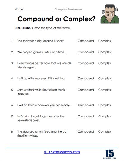 Writing Complex Sentences, Compound Complex Sentences, Compound And Complex Sentences, Complex Sentence, Complex Sentences Worksheets, Sentences Worksheet, Subordinating Conjunctions, Sentence Construction, Worksheet Preschool