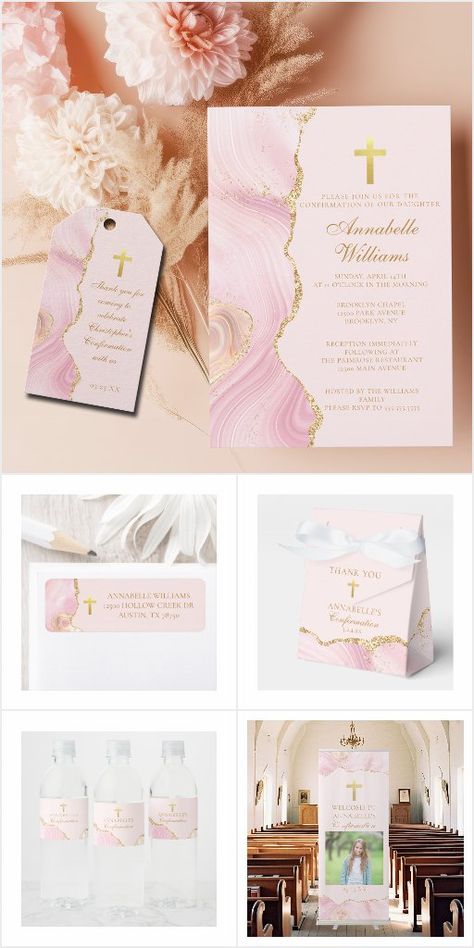 Confirmation Invitations, Beautiful Cross, Chic Pink, Pink Gold, Pretty In Pink, Pink And Gold, Agate, How To Plan, Pink