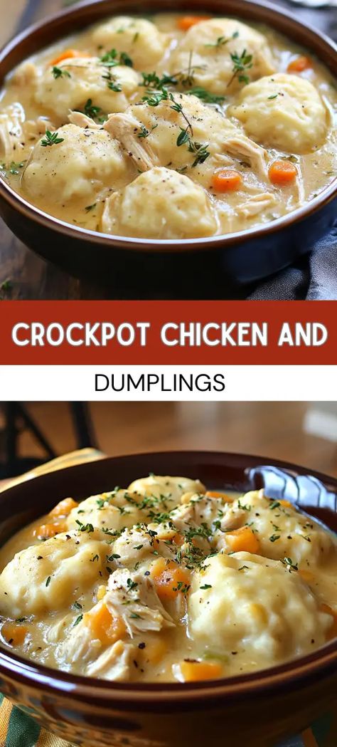 CrockPot Chicken and Dumplings Crockpot Chicken Dumplings, Chicken And Dumpling Soup, Skinnyish Dish, Crockpot Chicken And Dumplings, Crockpot Meal, Dumpling Soup, Chicken Dumplings, Homemade Dumplings, Dumpling Recipe