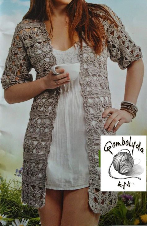 FONAL ANYUK: Horgolt kardigán rombusz mintával Form Crochet, Summer Cardigan, Crochet Jacket, Boho Kimono, Crochet Woman, Crochet Shirt, Summer Jacket, Scarf Pattern, Summer Crochet