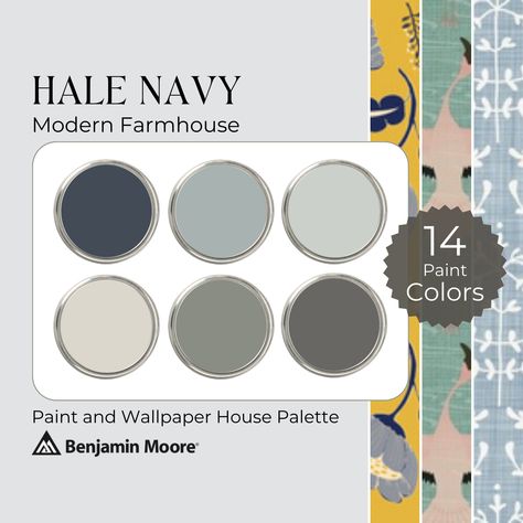 Hale Navy Color Palette, Navy Modern Farmhouse, Whole House Paint Palette, House Paint Palette, Benjamin Moore Green, House Palette, Paint Names, Wallpaper House, Navy Color Palette