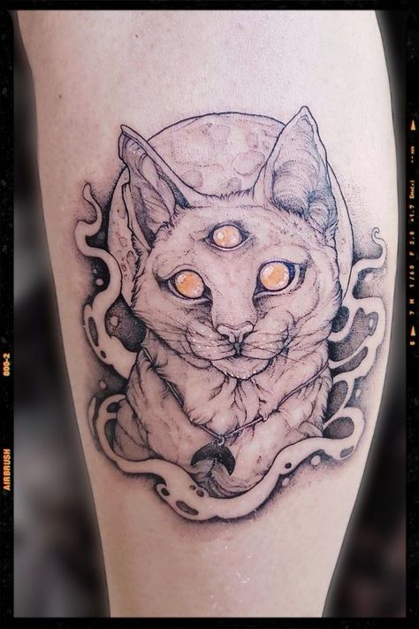 Mystic Cat Tattoo, Mystical Cat Tattoo, Hissing Cat Tattoo, Devil Cat Tattoo, Three Eyed Cat Tattoo, Cat Tattoo Arm, Druid Tattoo, Baby Tattoo Designs, Kitty Tattoo