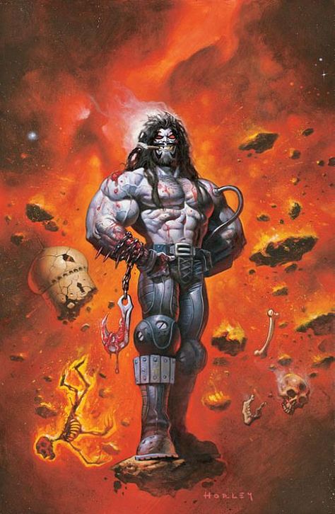 Hired by the Citadel to attack the Omega Men, Lobo felt there was a breach of contract when he was not trusted to capture Tigorr alone. In revenge, Lobo helped the Omega Men assassinate the Gordanian leader. Lobo would later help the Omega Men for free, attributing his "going soft" to the sight of counterfeit Velorpians. Alex Horley, Lobo Dc, Simon Bisley, Univers Dc, Dc Villains, Arte Dc Comics, Superhero Characters, Dc Comics Characters, Detective Comics