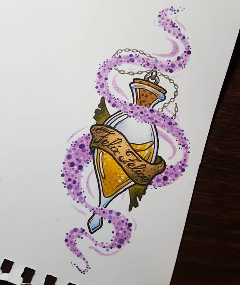 Bridget Larreau (@old.estuary.ink) on Instagram: “Had a fun time drawing up this Harry Potter potion for a client's daughter's Birthday! #Felix Felicitas Land Tattoos, Harry Potter Sleeve, Portland Tattoo, Draw Eyebrows, Hp Tattoo, Harry Potter Potions, Potter Tattoo, Bottle Drawing, Daughter's Birthday