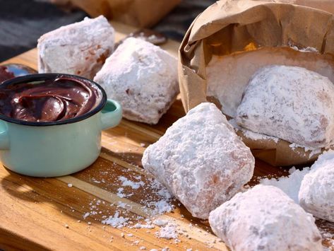 Nola Recipes, Chocolate Sauce Recipe, Chocolate Sauce Recipes, Beignet Recipe, Michael Symon, Recipe Dessert, Doughnut Recipe, Chocolate Sauce, Cooking Show