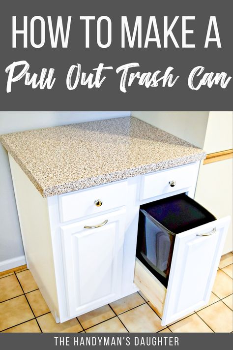 Pull Out Trash Can Cabinet, Diy French Cleat, Painting Laminate Kitchen Cabinets, Rustoleum Cabinet, Can Cabinet, Garbage Can Storage, Pull Out Trash Cans, Ugly Kitchen, Laminate Kitchen Cabinets